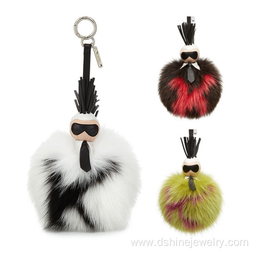 Real Leather Fox Fur Ball Keychain Word Pom Pendant For Bag